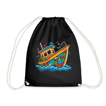 Pop Art Doodle Boat - Vibrant Caricature - Drawstring Bag - black - Front