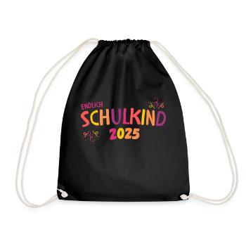 Endlich Schulkind 2025 orange gelb lila Mädchen - Turnbeutel - Schwarz - Vorne