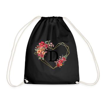 Floral Golden Heart Letter - Drawstring Bag - black - Front