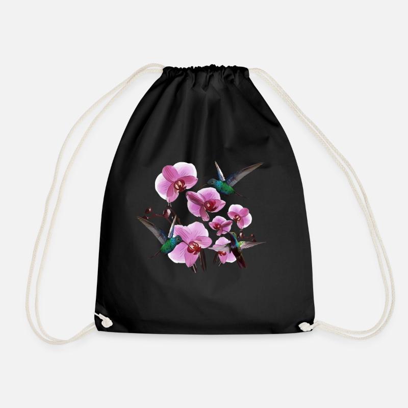 Hummingbirds with orchids pink green - Drawstring Bag - black