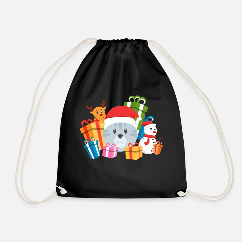 Christmas Cat Present - Drawstring Bag - black