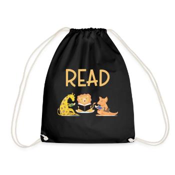 READ, giraffe, lion, kangaroo, books, reading, - Drawstring Bag - black - Front