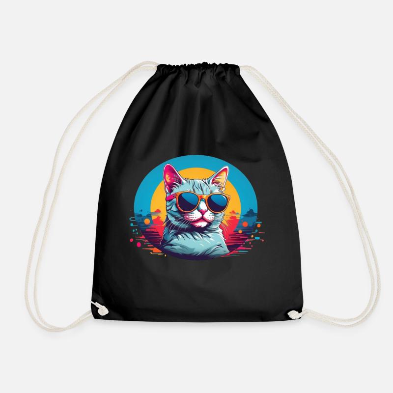 Cool Cat with Sungalsses - Drawstring Bag - black