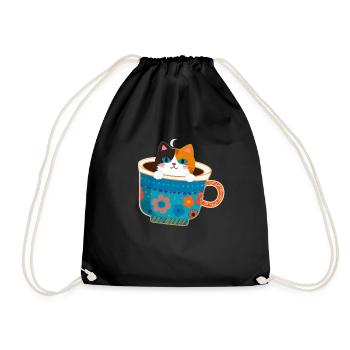 Cat, coffee cup, colorful, illustration, mug - Drawstring Bag - black - Front