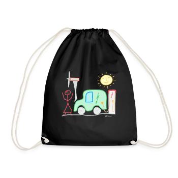 Electric car stick figure woman pinwheel charging station sun - Drawstring Bag - black - Front