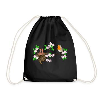 Robins, nest, cherry blossoms - Drawstring Bag - black - Front