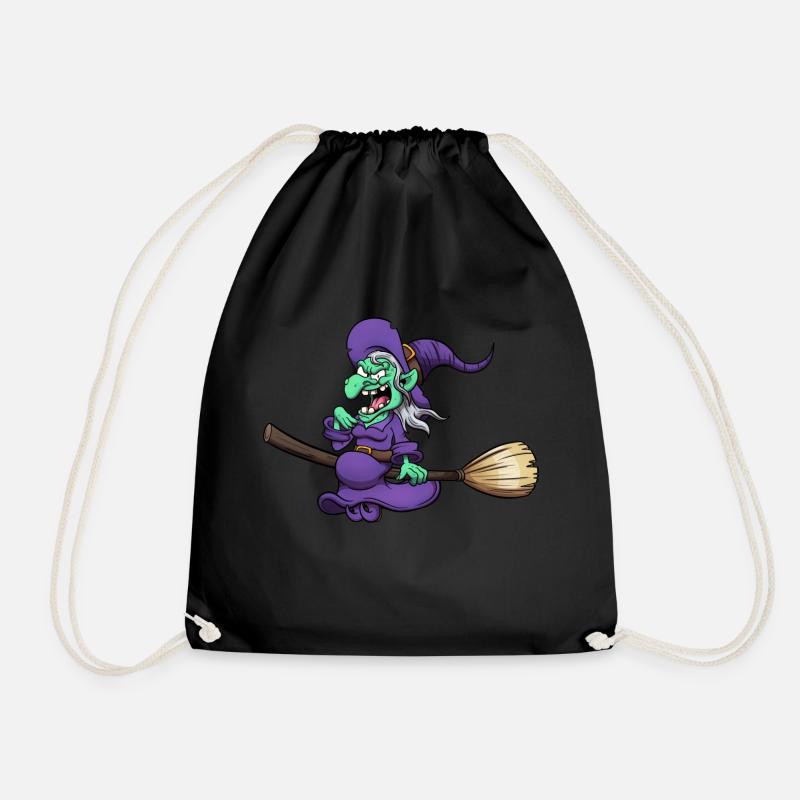 Crazy Laughing Witch On Broom - Drawstring Bag - black