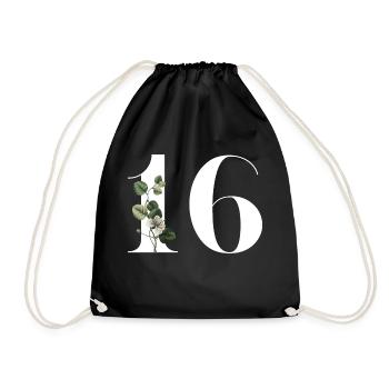 Number 16 Floral Green -16th Floral Birthday - Drawstring Bag - black - Front
