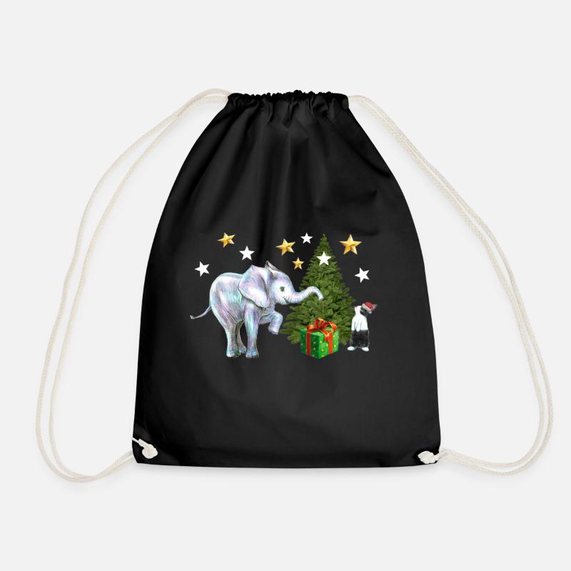 Christmas ,Elephant, Hare, Merry Christmas - Drawstring Bag - black
