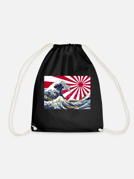 Land of the Rising Sun Japanese Hokusai Wave Art - Drawstring Bag - black