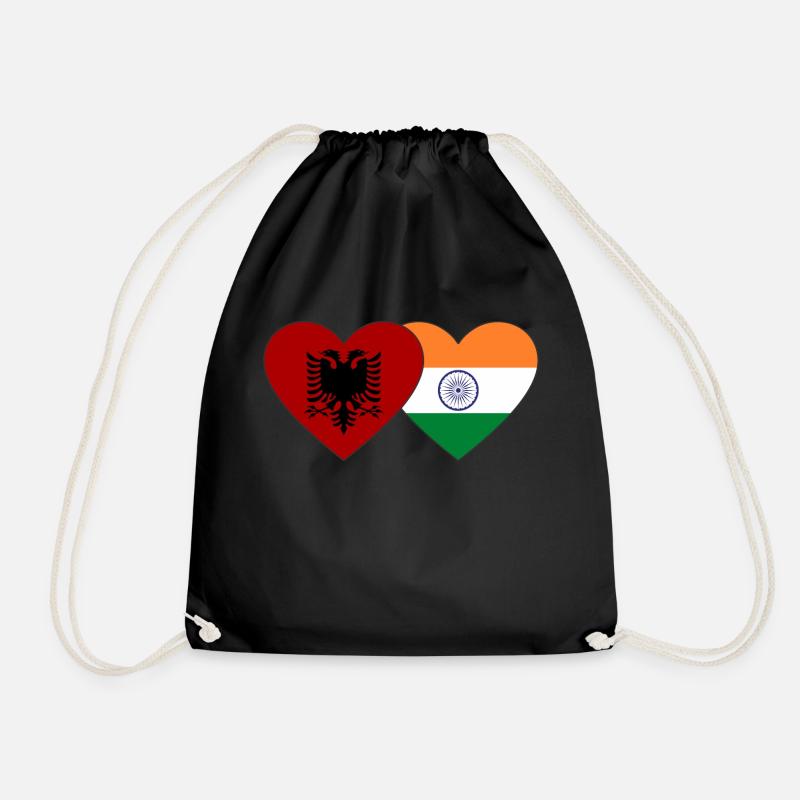 Albania India Flag Heart - Drawstring Bag - black