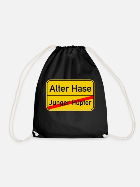 Ortsschild junger Hüpfer - Alter Hase - Turnbeutel - Schwarz