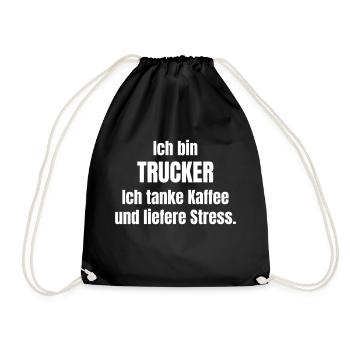 Trucker fills up on coffee and delivers stress. - Drawstring Bag - black - Front