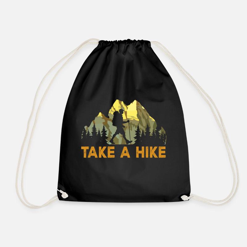 go hiking. take a hike. Hiking, Trekking, - Drawstring Bag - black