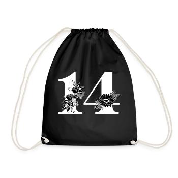 Number 14 Black Floral -14th Floral Birthday - Drawstring Bag - black - Front