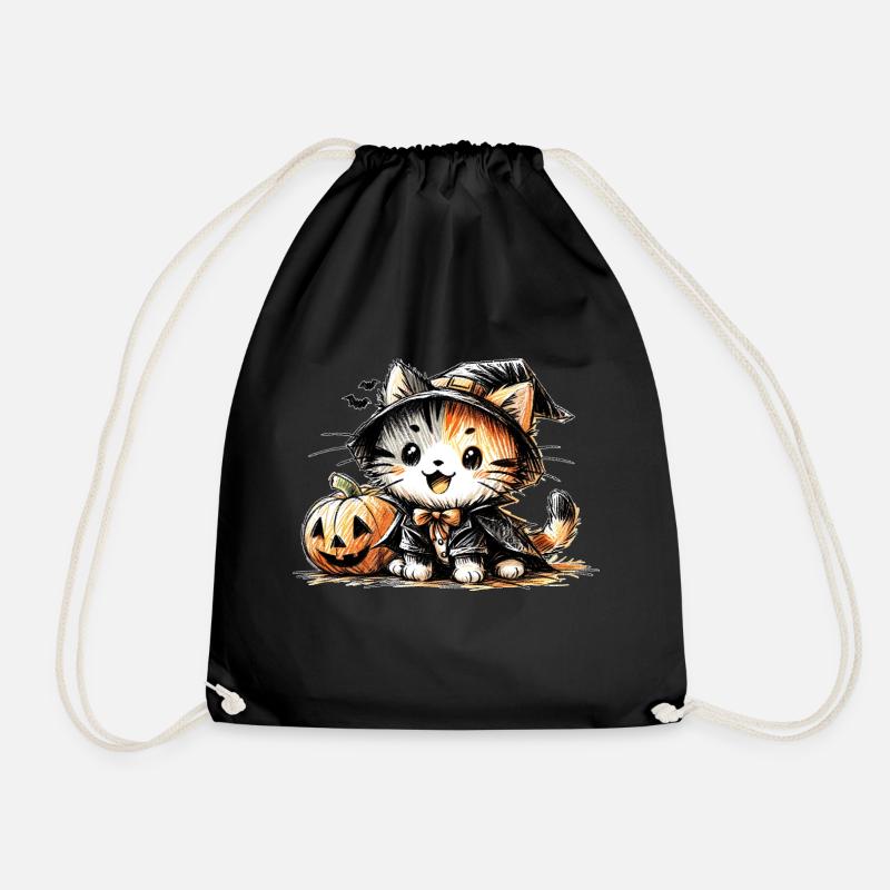 Halloween cat with pumpkin - Drawstring Bag - black