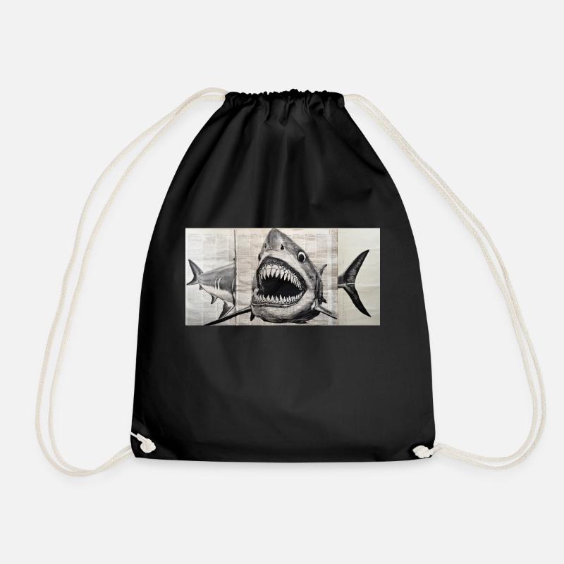 Great White Shark - ink drawing on old newspaper - Drawstring Bag - black