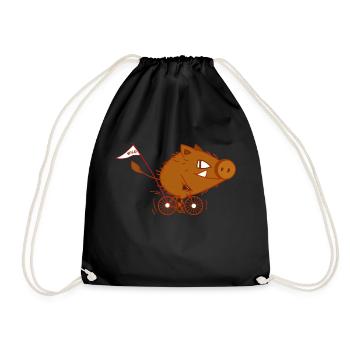 Funny boar rides a bicycle (b) - Drawstring Bag - black - Front