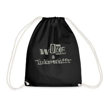 Selbstironie: WOKE & linksversifft - Turnbeutel - Schwarz - Vorne