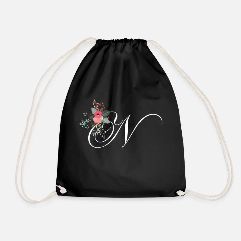 Letter n flowered - Drawstring Bag - black