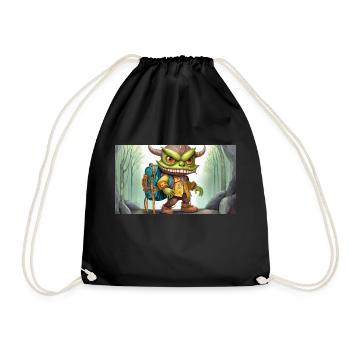 Green monster with horns - young cute little - Drawstring Bag - black - Front