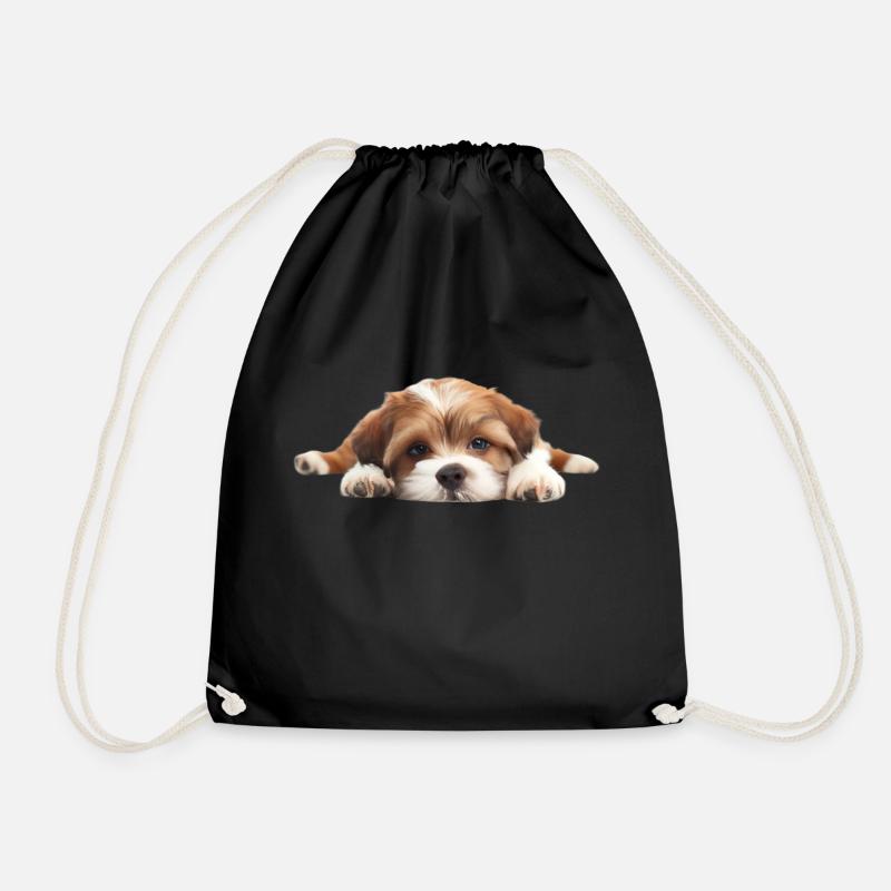 Cute puppy lying down with white background visibl - Drawstring Bag - black