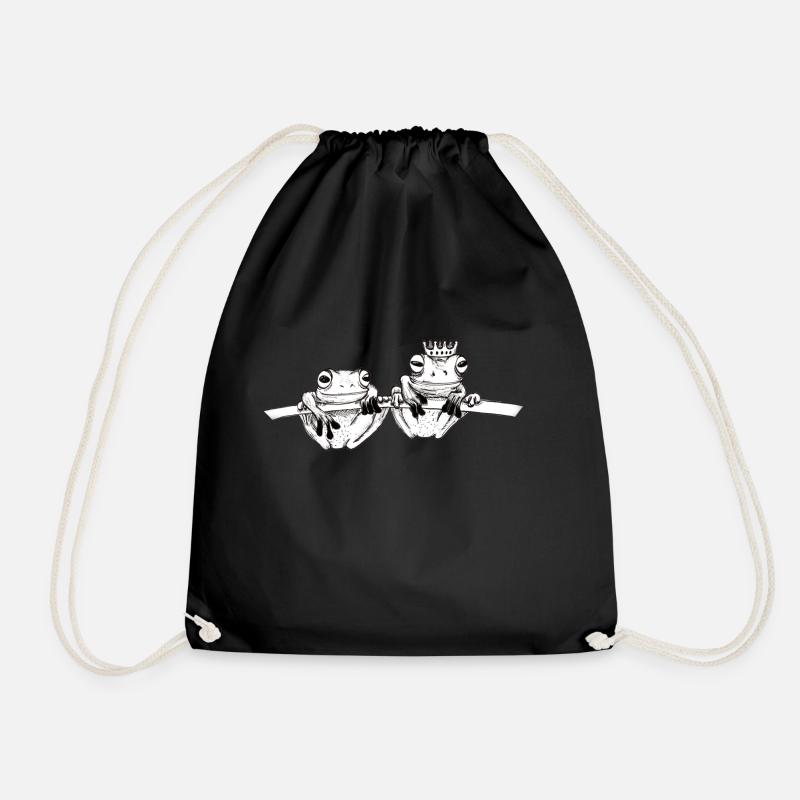 hand drawn frogs on a branch - Drawstring Bag - black