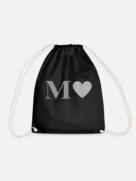 Letter M Silver Heart - Drawstring Bag - black