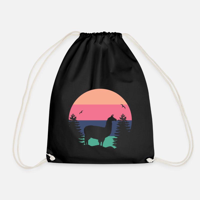 Funny llama sunset vintage llama alpaca - Drawstring Bag - black