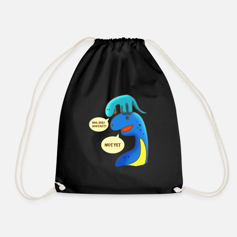 Atheist Dad Does God Exist? Not yet dinosaurs - Drawstring Bag - black