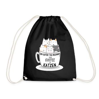 Kaffee und Katzen Coffee and Cats Geschenkidee - Turnbeutel - Schwarz - Vorne