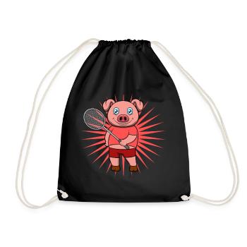 Cute Pig Badminton Player Ironic Hobby Sports - Drawstring Bag - black - Front