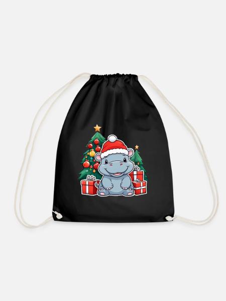 Niedliches Baby Nilpferd mit Weihnachtsmütze - Turnbeutel - Schwarz