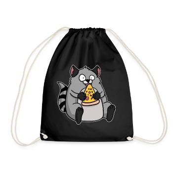 Fat Raccoon Eating Pizza Funny Comic Style - Drawstring Bag - black - Front