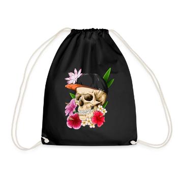 Skull with hat and flowers - Drawstring Bag - black - Front