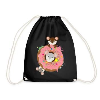 three cute mice and a donut with pink glaze - Drawstring Bag - black - Front