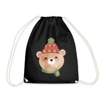 cute bear with bobble hat and scarf in winter - Drawstring Bag - black - Front