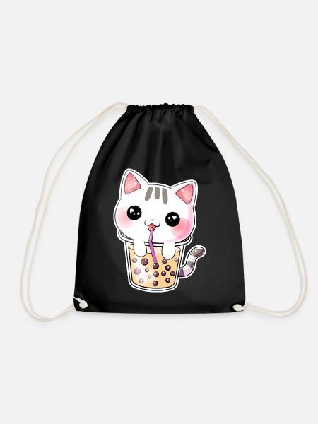 Kawaii Bubble Tea Katze - Turnbeutel - Schwarz