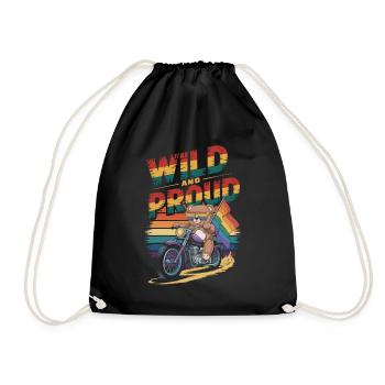Teddy Bear Rides Motorcycle LGBTQ Rainbow Banner - Drawstring Bag - black - Front