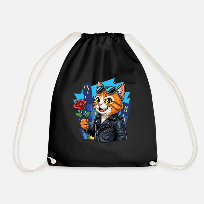 Cool Cat with Rose – Charm Offensive! - Drawstring Bag - black
