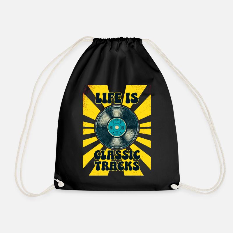 LIFE IS CLASSIC TRACKS Retro 70s Vinyl - Drawstring Bag - black