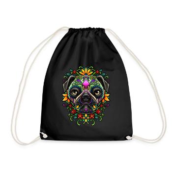 Day Of The Dead Pug Detailed Colorful Illustration - Drawstring Bag - black - Front