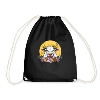 Cow Farmer Livestock Wild Flowers Floral Moon - Drawstring Bag - black - Front