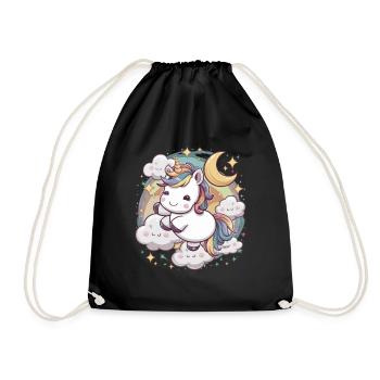 Kawaii Einhorn mit Wolken, Mond und Sternen - Turnbeutel - Schwarz - Vorne