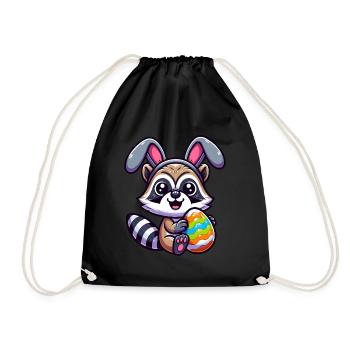Easter Raccoon in Egg Disguise Cartoon - Drawstring Bag - black - Front