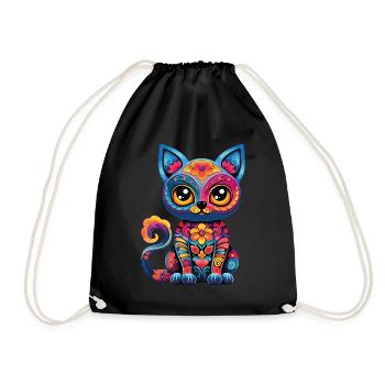 Dia De los Muertos Cat Meowtos Colorful Flowers - Drawstring Bag - black - Front