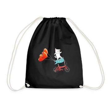 Cycling Cat Cyclist Bicycle Sings Wheel - Drawstring Bag - black - Front