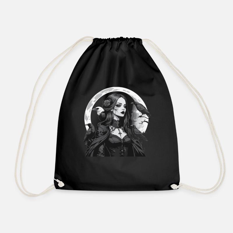 Gothic-Mädchen mit Raben über dem Mond - Turnbeutel - Schwarz