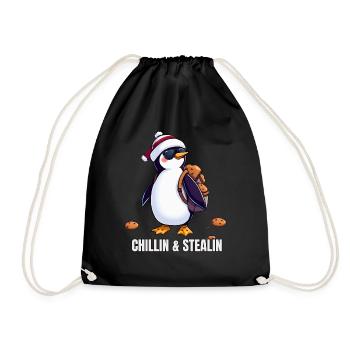 Chillin & Stealin - cookie theft funny penguin - Drawstring Bag - black - Front
