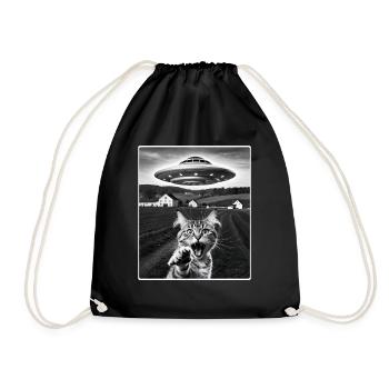 Cat Selfie With Alien UFO Funny Cat Gifts - Drawstring Bag - black - Front
